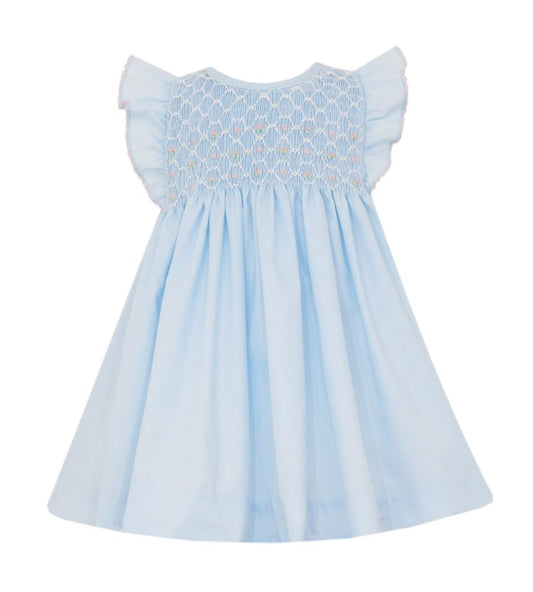 Petit Bebe Girls Light Blue Poplin Smocked Dress - Flutter Sleeves