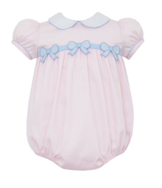 Claire & Charlie Bbay Girls Pink Pique Bubble with Collar - Blue Bows