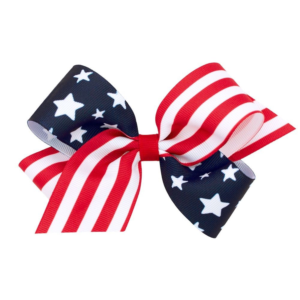 Wee Ones Girls Patriotic Flag Bow - Stars & Stripes - Choose Royal or Navy Blue