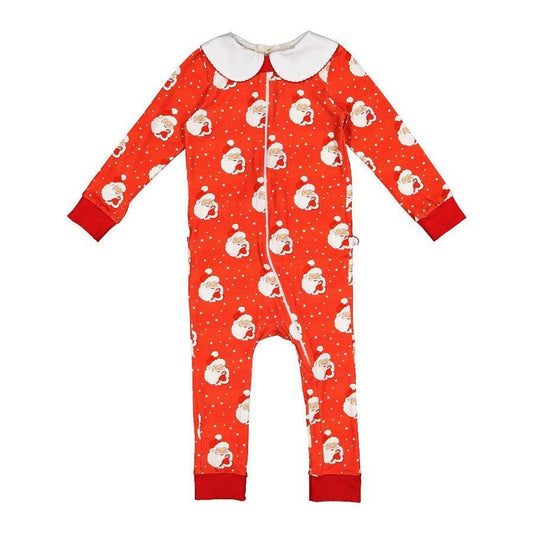 Sal & Pimenta Baby Girls Footie Christmas Pajamas - One Piece with Collar - Red Santa Glows