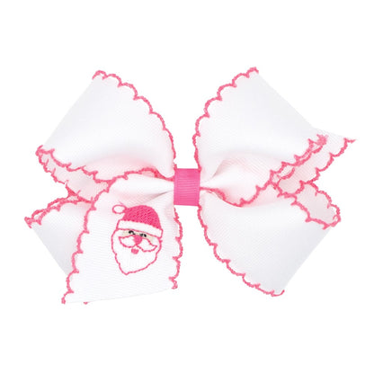 Wee Ones Girls Hair Bow - Pink Moonstitch - Embroidered Santa Face on White Bow