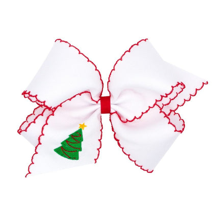 Wee Ones Girls White Hair Bow - Red Moonstitch - Embroidered Christmas Tree