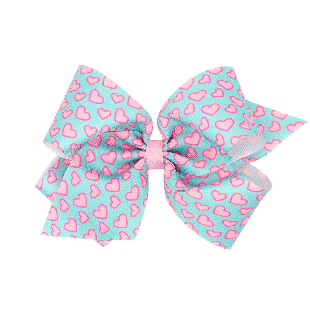 Wee Ones Girls Hair Bow - Trendy Girl - Pink Hearts on Aqua