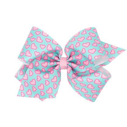 Wee Ones Girls Hair Bow - Trendy Girl - Pink Hearts on Aqua