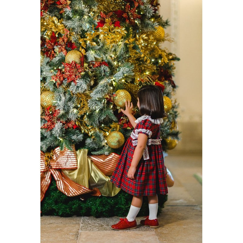 Sal & Pimenta Girls Red Noel Holiday Plaid Dress with Lace Details and Side Bows - 7T Sal & Pimenta Girls Red Noel Holiday Plaid Dress with Lace Details and Side Bows - 7T