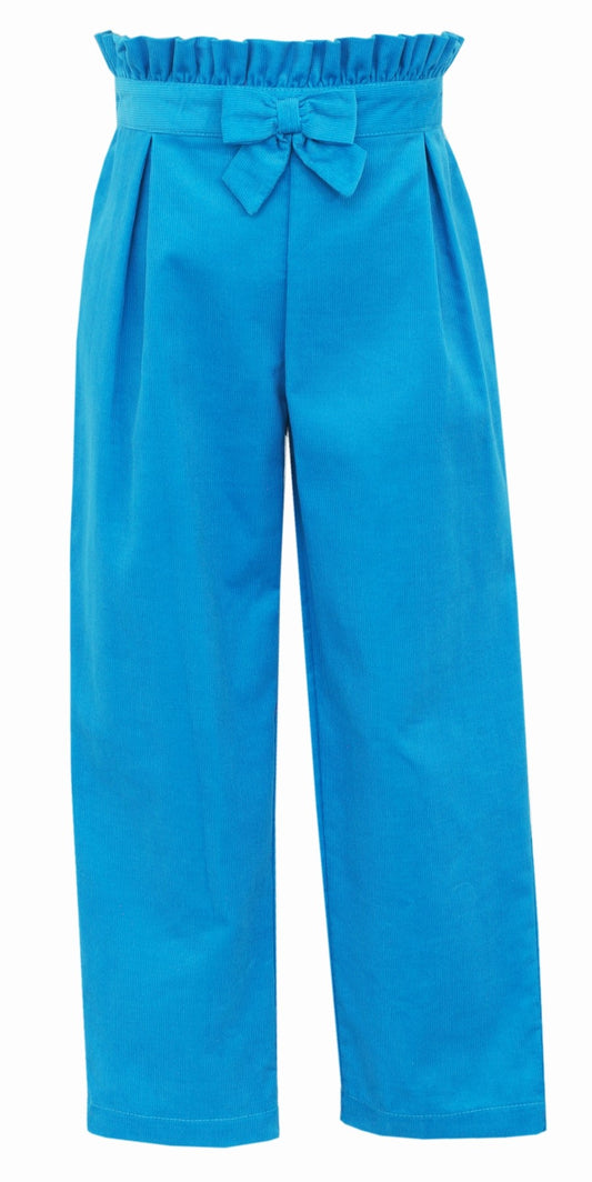 Anavini Girls Turquoise Blue Corduroy Ruffle Pants with Bow