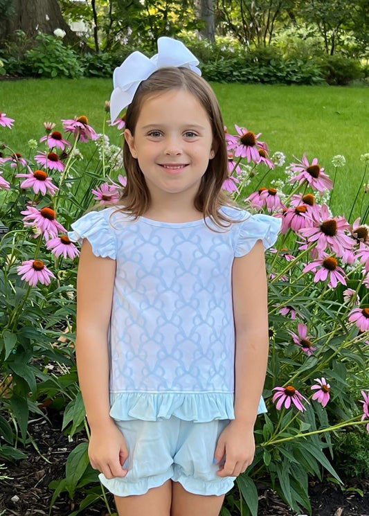 James & Lottie Girls Mae Bloomers Set - Blue Put a Bow on It Print
