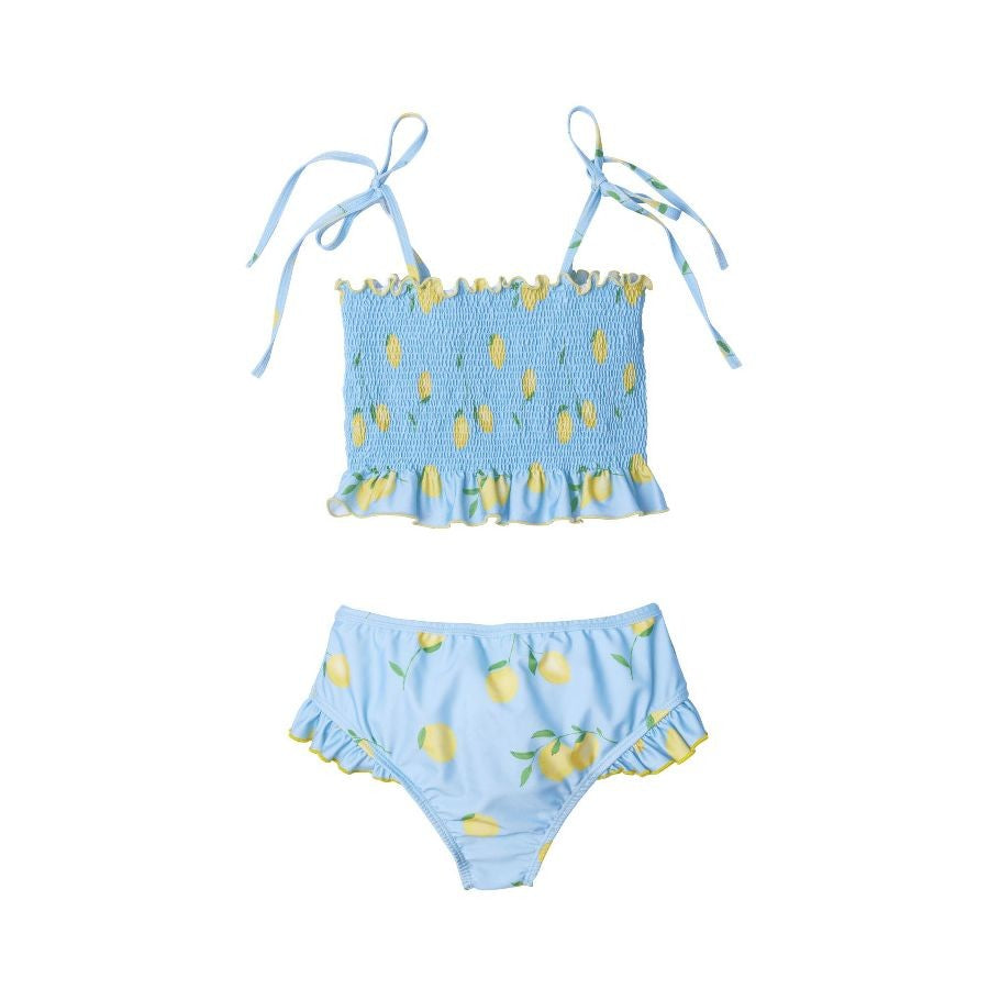 Sal & Pimenta Girls Smocked Bikini Bathing Suit - Blue Lemonade - Yellow Lemons