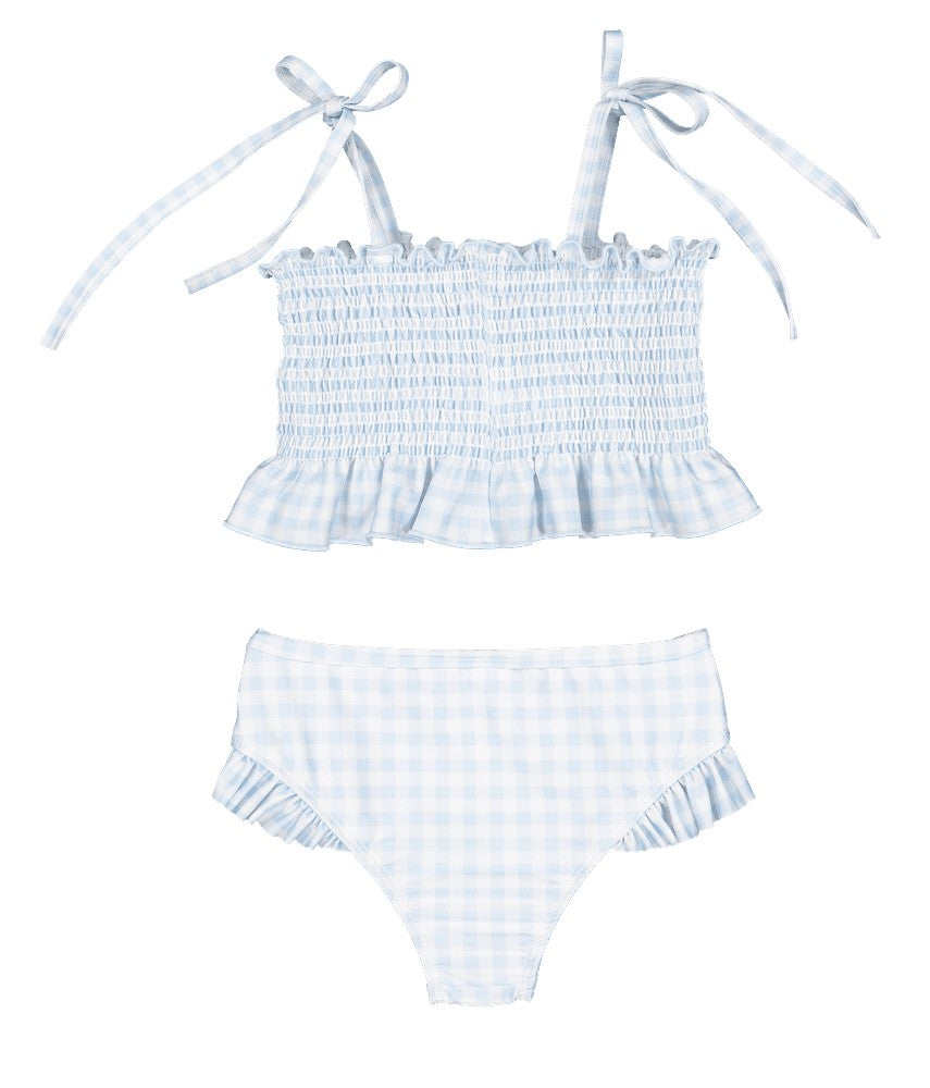 Sal & Pimenta Girls Smocked Bikini Bathing Suit - Light Blue Gingham