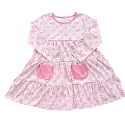 James & Lottie Girls Tally Knit Twirl Dress - Pink Ballet Barre Slippers & Bows
