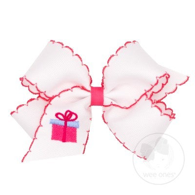 Wee Ones Girls Hair Bow - White Grosgrain Moonstitch with Embroidered Pink Present