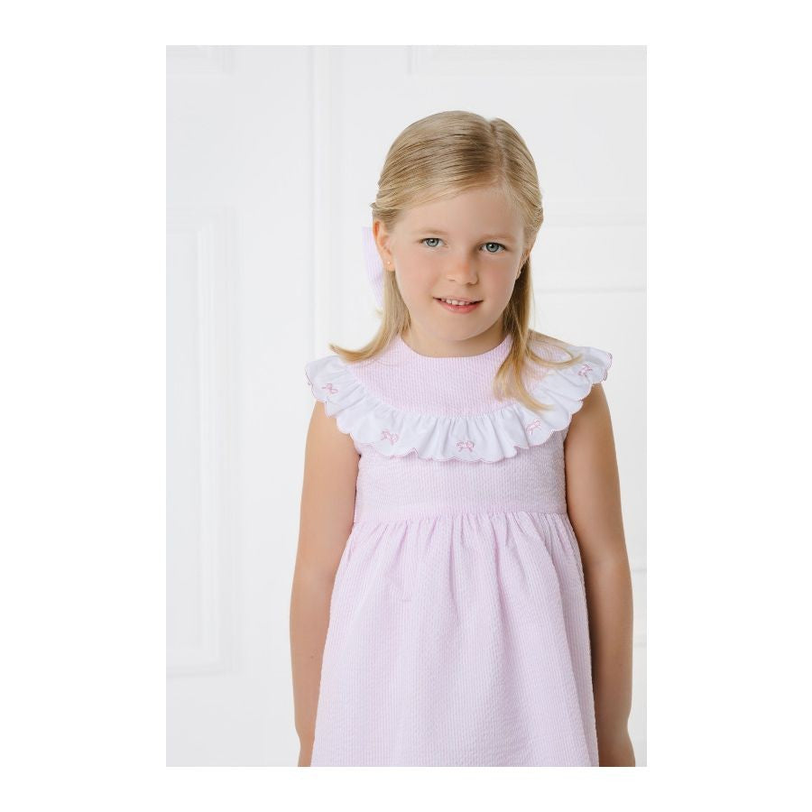 Sal & Pimenta Girls Pink Seersucker Dress - Scallop Collar with Embroidered Bows Best Dressed Child Sal & Pimenta Girls Pink Seersucker Dress - Scallop Collar with Embroidered Bows Best Dressed Child