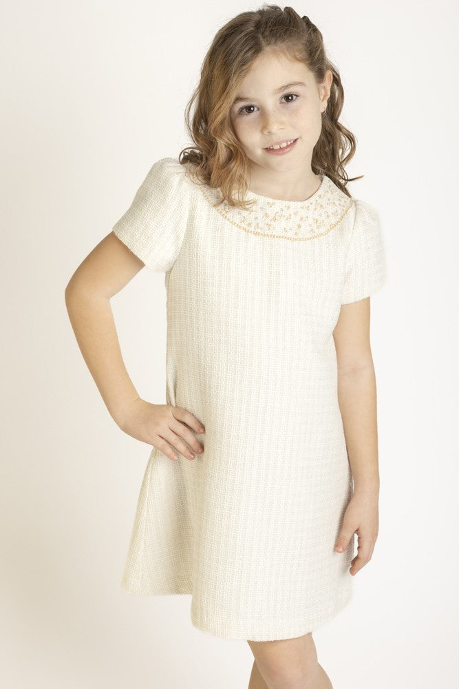 Luli & Me Girls Embroidery Tweed Shift Dress - Ivory