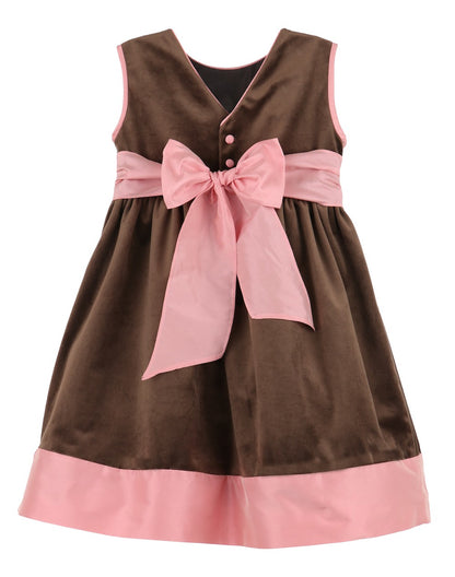 Luli & Me Girls Sleeveless Velvet Dress - Cocoa Brown - Pink Trim & Sash