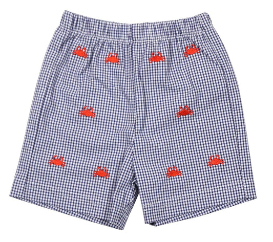 Anavini Boys Navy Blue Check Seersucker Shorts - Embroidered Red Crabs