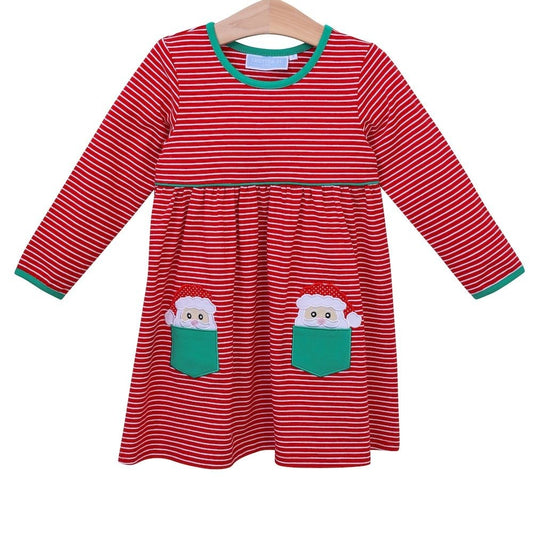 Trotter Street Kids Girls Christmas Dress - Red with Santa Claus Pockets