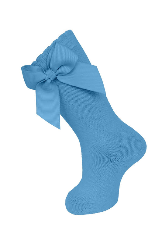 Carlomagno Socks - Girls Cotton Knee High Socks - Attached Grosgrain Bow - French Blue