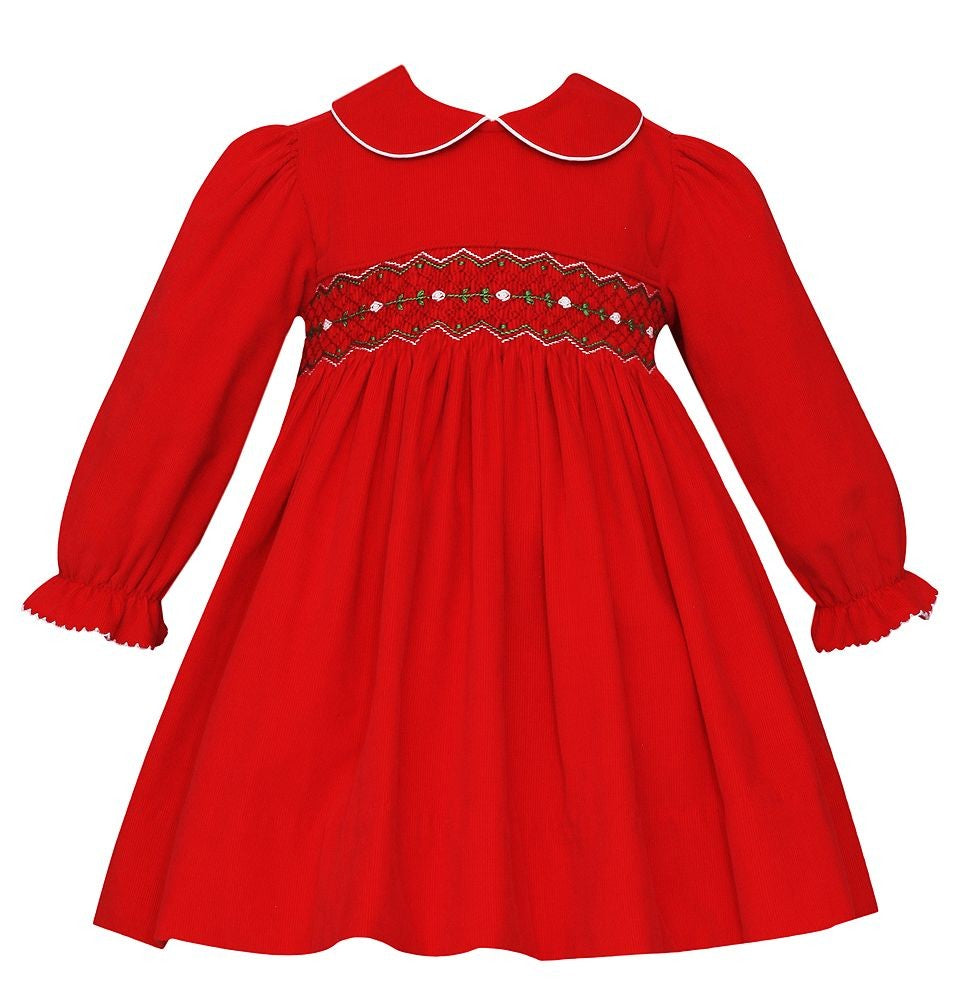 Petit Bebe Baby Girls Red Corduroy Smocked Christmas Dress - Long Sleeves