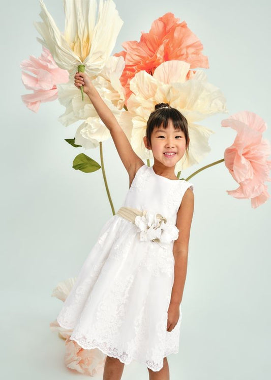Abel & Lula Girls Organdy Embroidered Special Occasion Dress - Flower at Waist