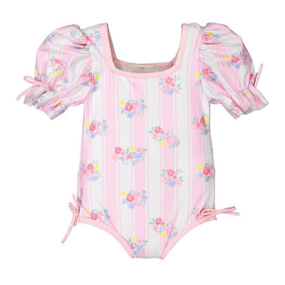 Sal & Pimenta Girls Puff Sleeve Swimsuit - Pink Stripes & Floral Treville