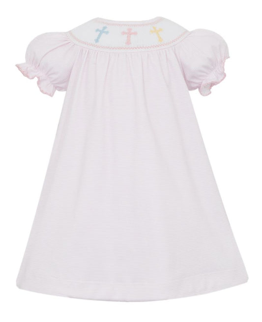 Petit Bebe Girls Pink Striped Knit Smocked Crosses Bishop Dress