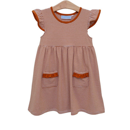 Trotter Street Kids Girls Lucy Game Day Dress - Burnt Orange Stripes