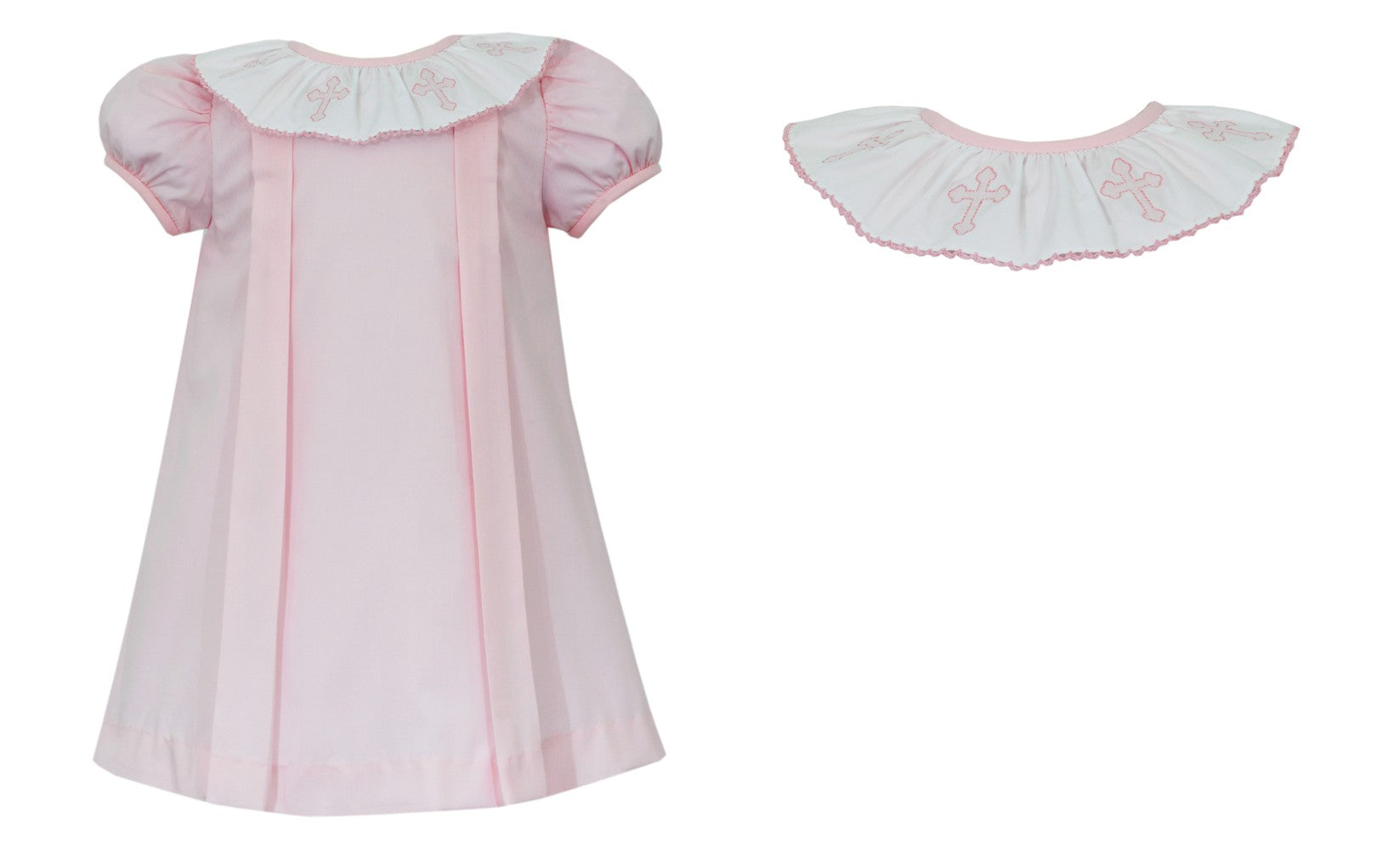 Anavini Girls Pink Dress - Ruffle Collar with Embroidered Crosses