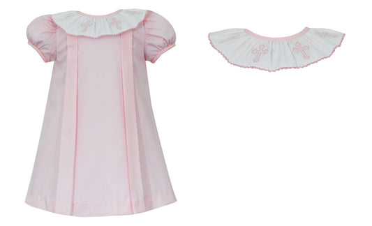 Anavini Girls Pink Dress - Ruffle Collar with Embroidered Crosses