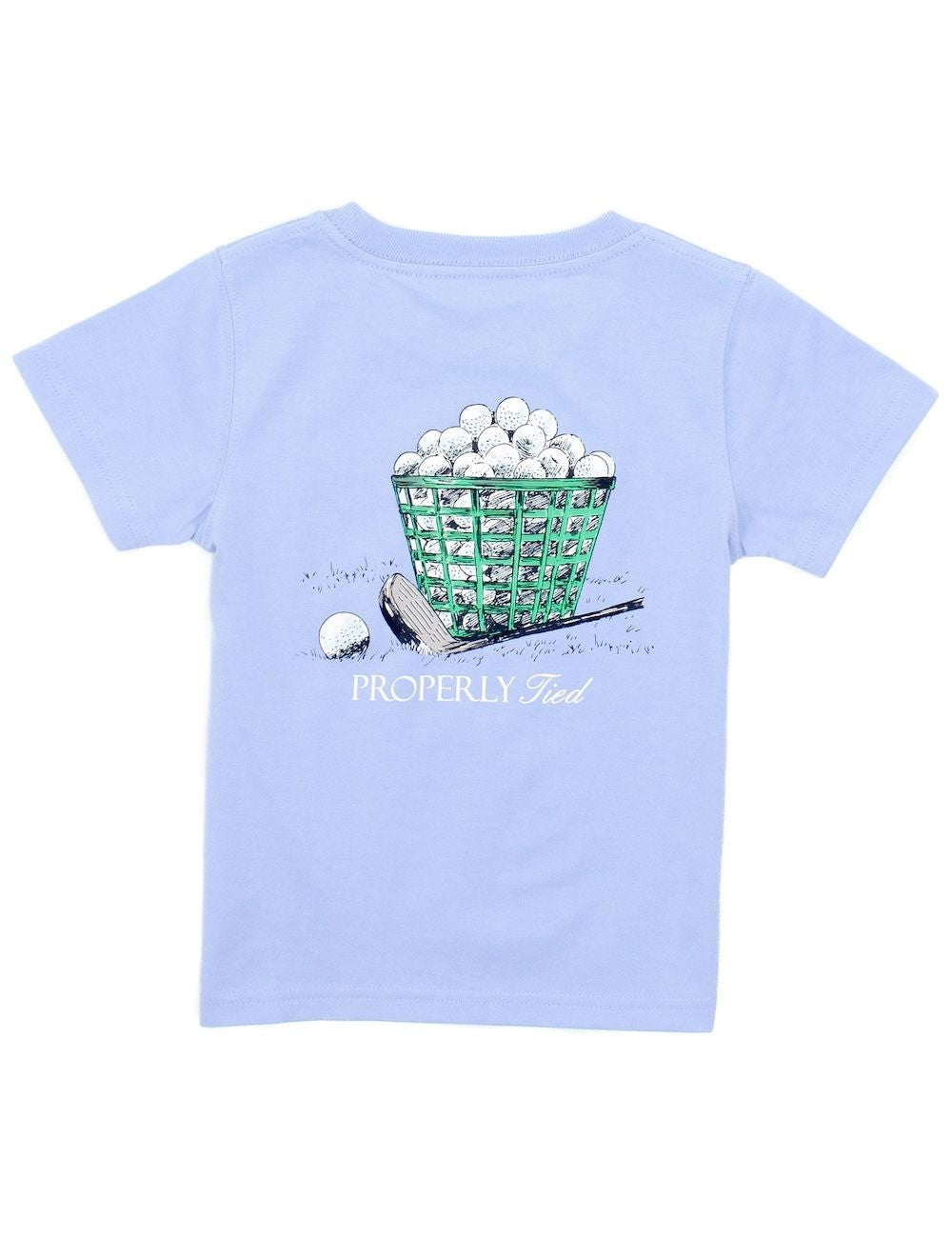 Properly Tied T-Shirt - Logo Pocket on Front - Graphic on Back - Golf Ball Driving Range on Light Blue