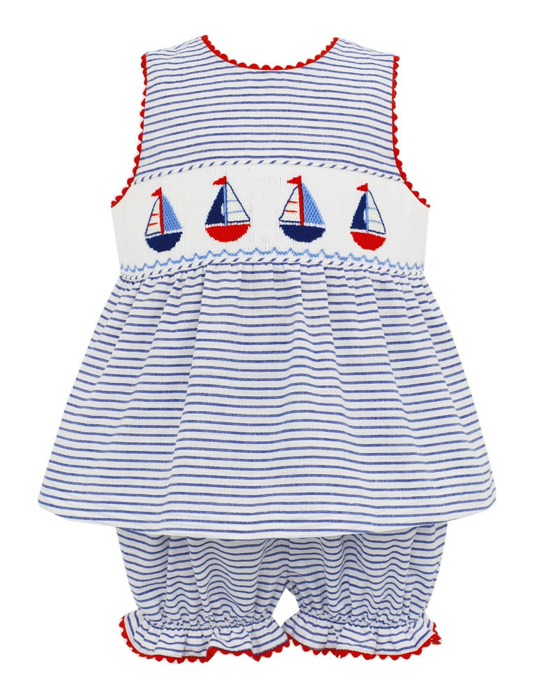 Anavini Girls Navy Blue Stripe Smocked Sailboats Bloomers Set