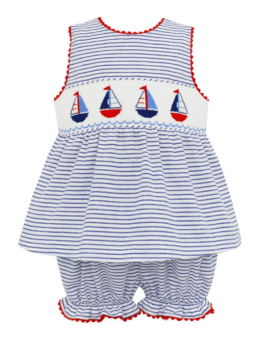 Anavini Girls Navy Blue Stripe Smocked Sailboats Bloomers Set