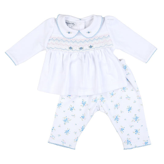 Magnolia Baby Girls Blue Samantha's Classics Smocked Floral Pant Set