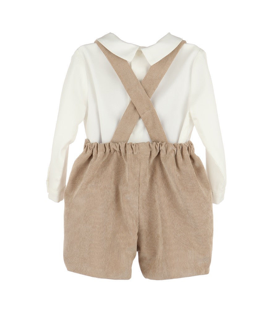 Luli & Me Boys Winterberry Cord Suspender Shorts Set - Tan