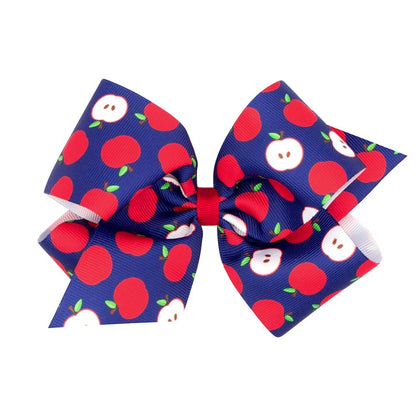 Wee Ones Girls Hair Bow on Clip - Back to School - Apples on Navy Blue