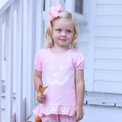 Trotter Street Kids Toddler Girls Ruffle Top - Pink Halloween Jack O'Lantern