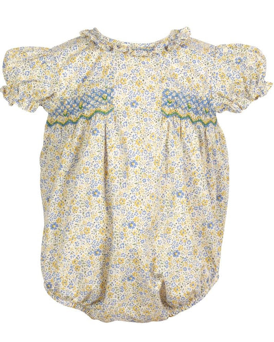 Yellow Lamb Baby Girls Yellow & Blue Floral Smocked Elise Bubble
