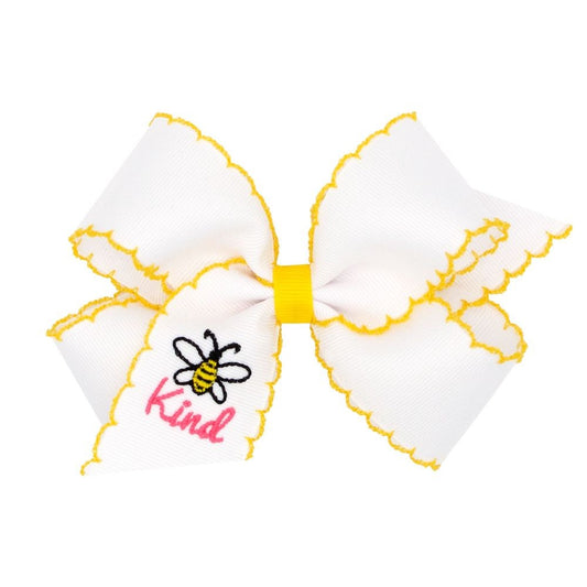 Wee Ones Girls Hair Bow - White with Yellow Moonstitch - Embroidered Bee Kind