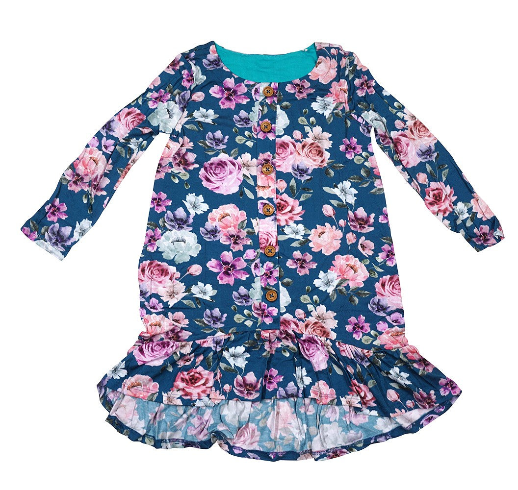 Posh Peanut Girls Long Sleeve Henley Hi Low Dress - Blue & Pink Keisha