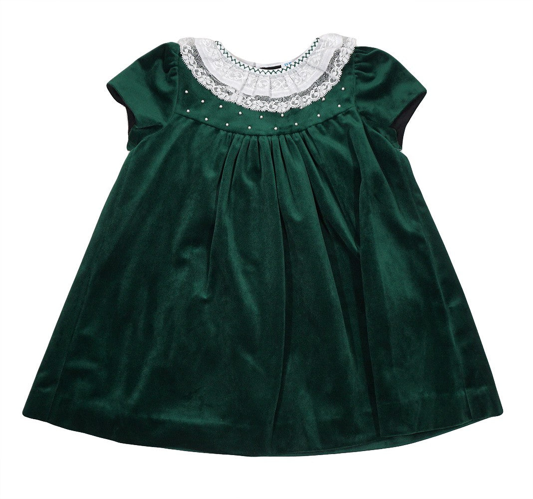 Luli & Me Baby / Toddler Girls Luxe Velvet Float Dress - Lace Collar & Pearls - Green
