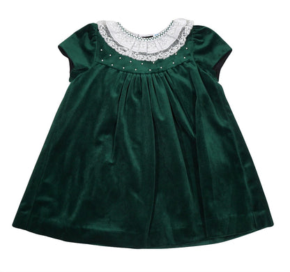 Luli & Me Baby / Toddler Girls Luxe Velvet Float Dress - Lace Collar & Pearls - Green