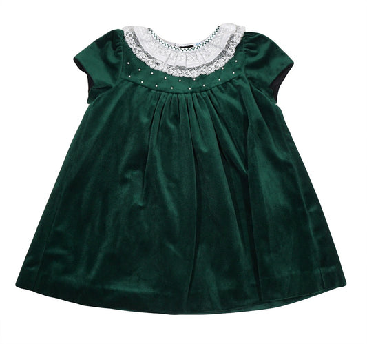 Luli & Me Baby / Toddler Girls Luxe Velvet Float Dress - Lace Collar & Pearls - Green