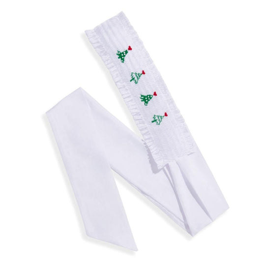bella bliss Girls McLean Party Sash - Smocked Christmas Trees on White by bella bliss