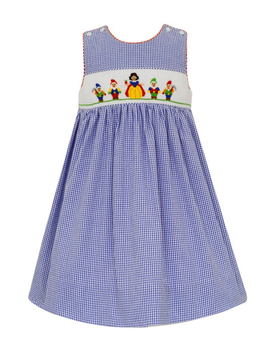 Anavini Girls Blue Check Seersucker Sleeveless Dress - Smocked Snow White