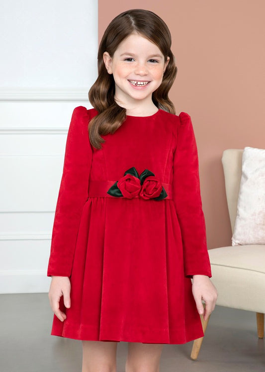 Abel & Lula Girls Christmas Dress - Velvet with Roses - Red