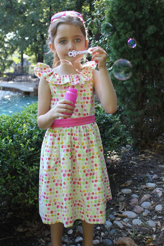 Susanne Lively Girls Pink Bubble Print Dress with Ruffle Collar