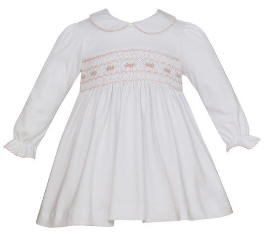 Petit Bebe Knits Baby / Toddler Girls White Smocked Dress - Collar & Long Sleeves by Petit Bebe