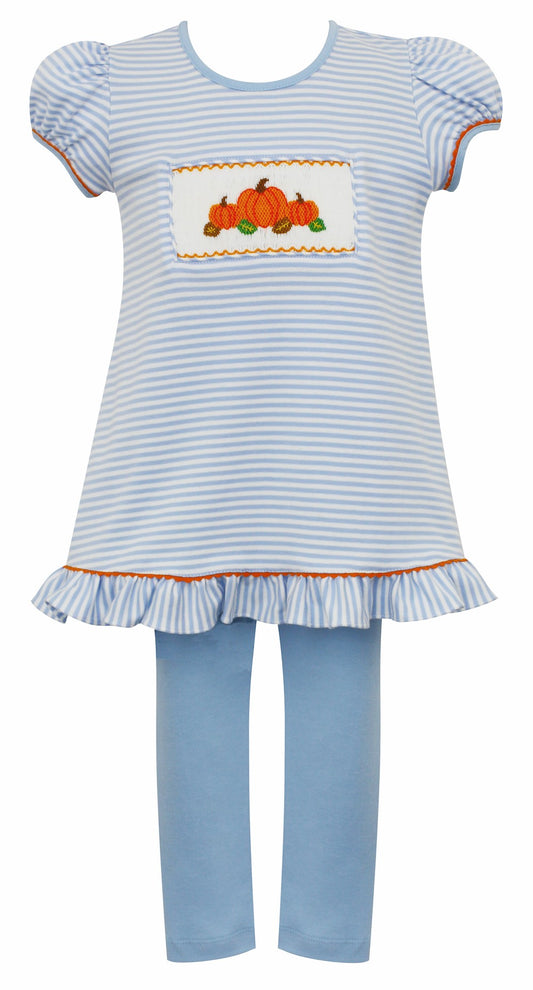 Anavini Girls Blue Stripe Leggings Set - Smocked Pumpkins