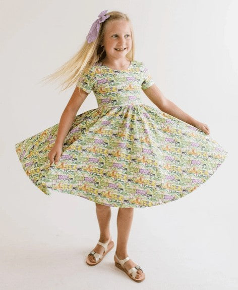 Ollie Jay Girls Classic Twirl Dress in Mardi Gras Print