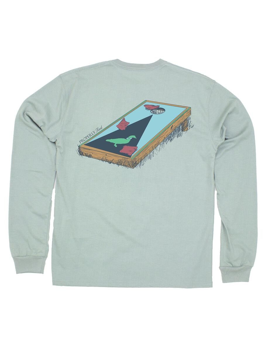 Properly Tied Tee Shirt - Logo Pocket on Front - Back Graphic - Sage Green Cornhole Toss