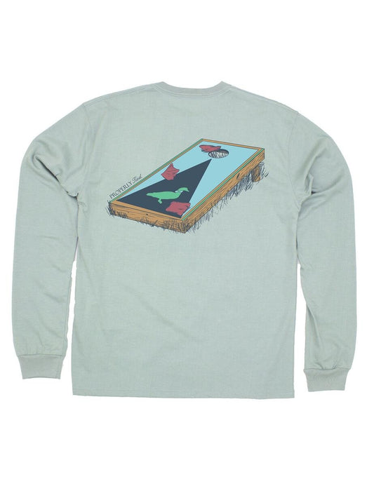 Properly Tied Tee Shirt - Logo Pocket on Front - Back Graphic - Sage Green Cornhole Toss